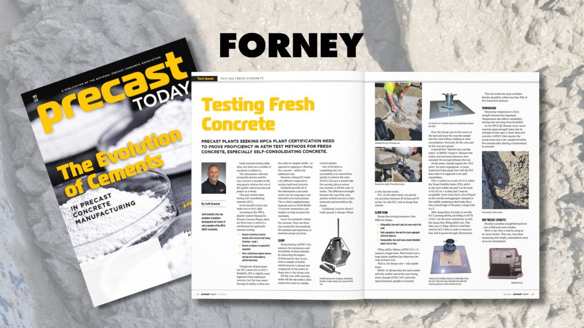 Testing Fresh Concrete article in Precast Today magazine. Forney logo